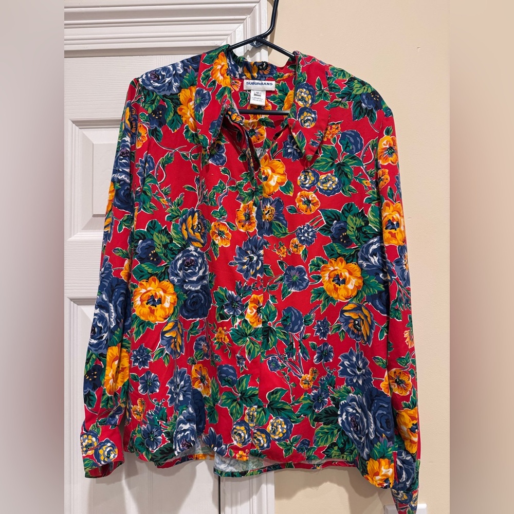 Suburbans Red Floral Button Down Blouse Shirt Grandmacore Sz 12 Wearable Art